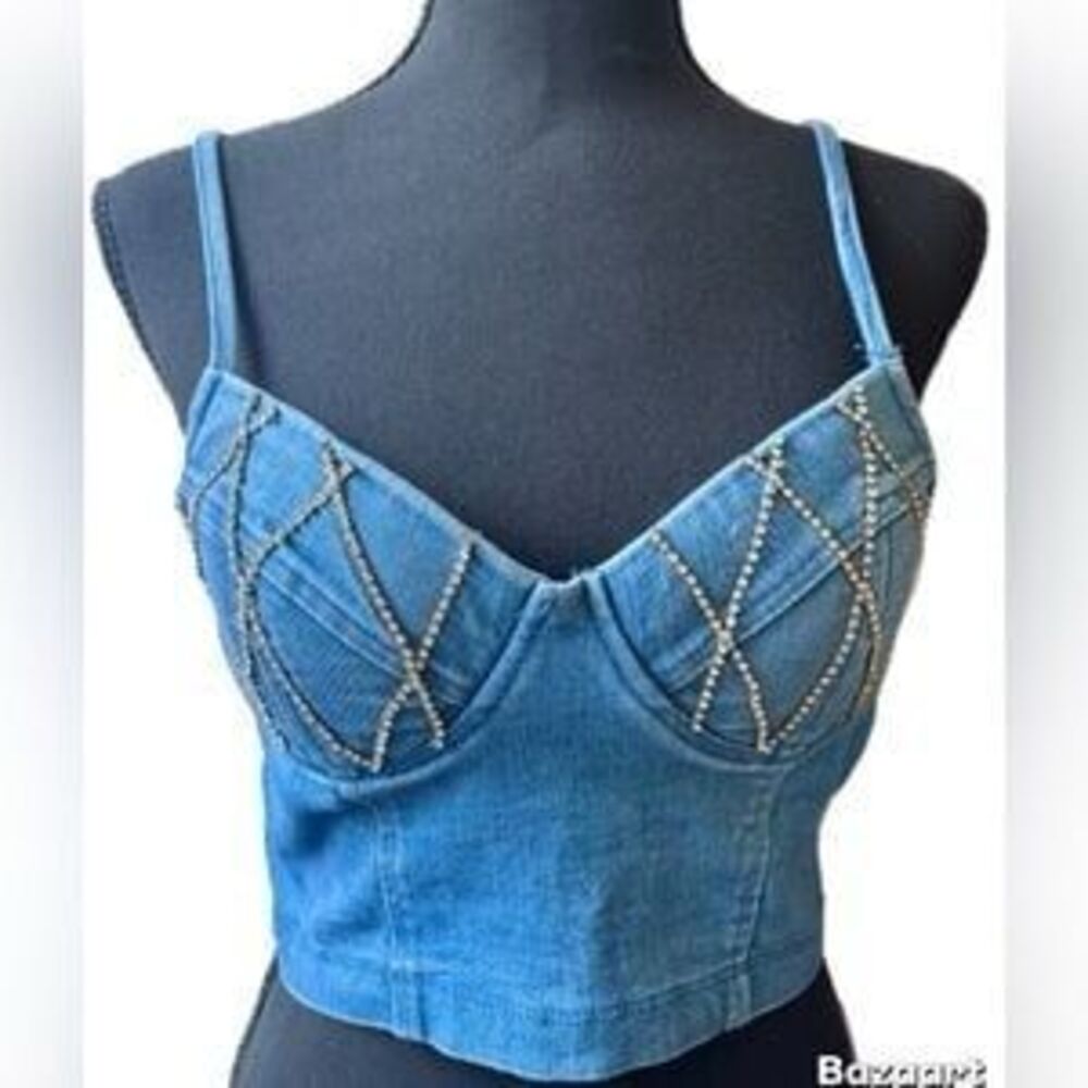 Haute Monde Chambray Denim Rhinestones Wireless Padded Chest Crop Tank Top S